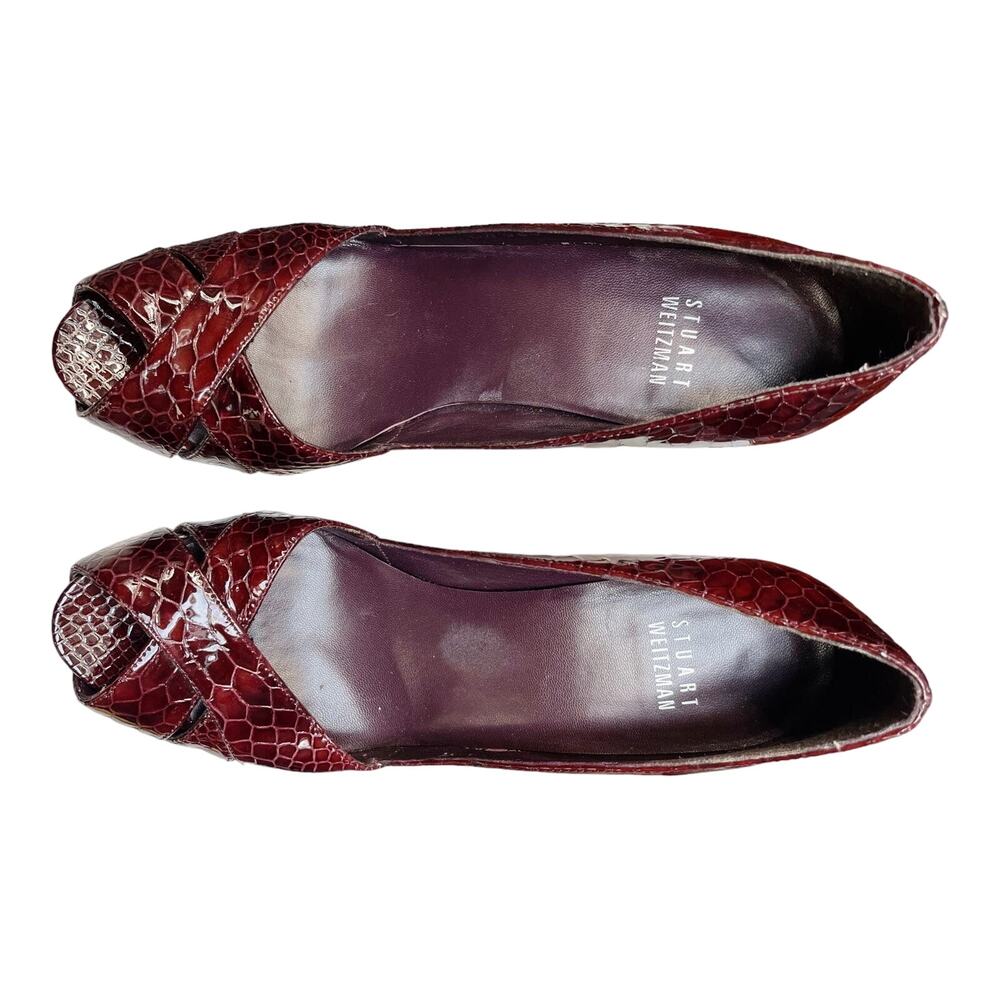 STUART WEITZMAN Embossed Leather Pumps Red Peep Toe Stiletto Heel Spain EUC 6.5M - Picture 8 of 11